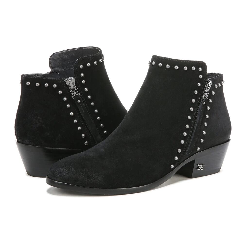 Sam Edelman Paola Black Stacked Heel Almond Toe Embellished Fashion Ankle Boots